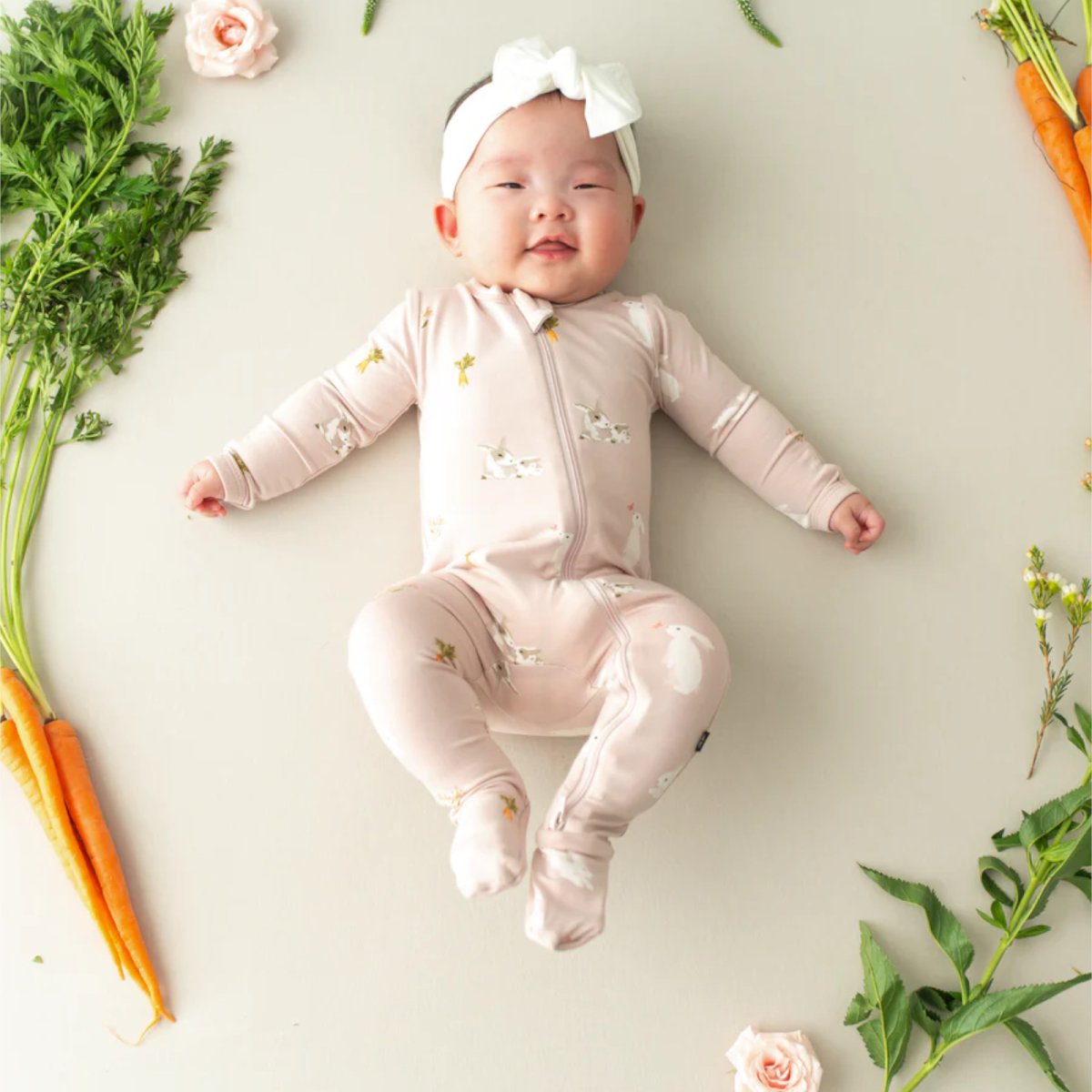 Printed Zippered Footie - Blush Rabbit